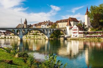 river, bridge, town